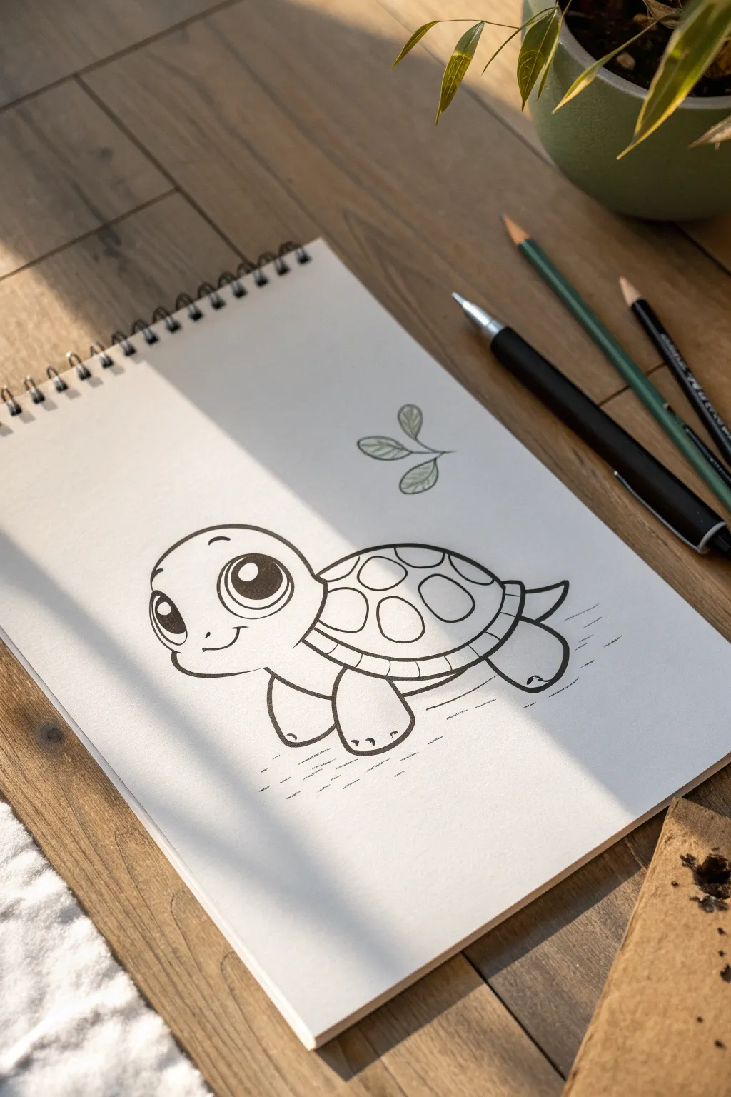 Simple cartoon turtle from circles and ovals, crisp ink lines over a faint pencil sketch.