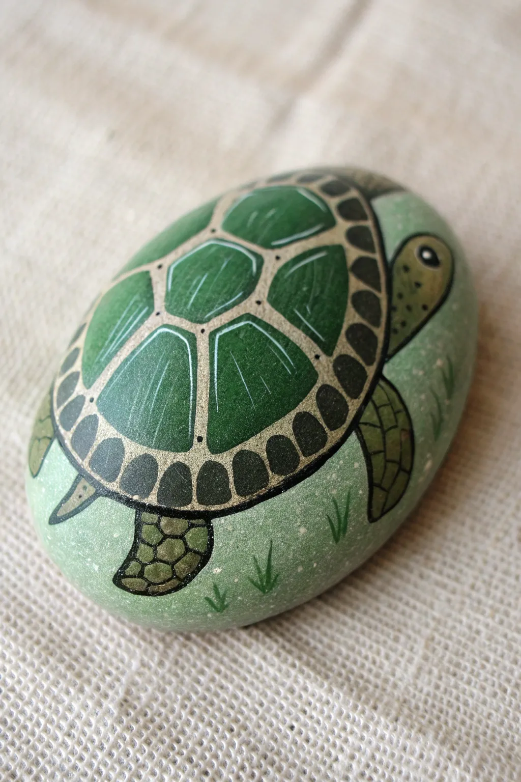 Classic green turtle rock with clean scute lines, a calm minimalist boho paint idea