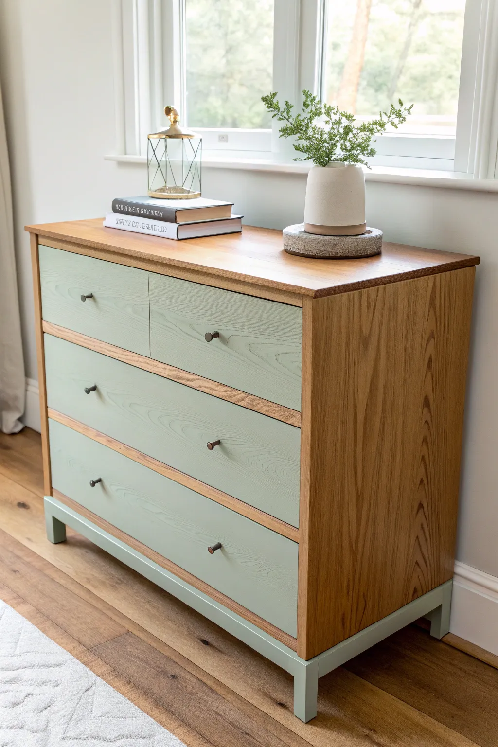 Two-tone dresser: matte painted base with a warm sealed wood top for effortless contrast
