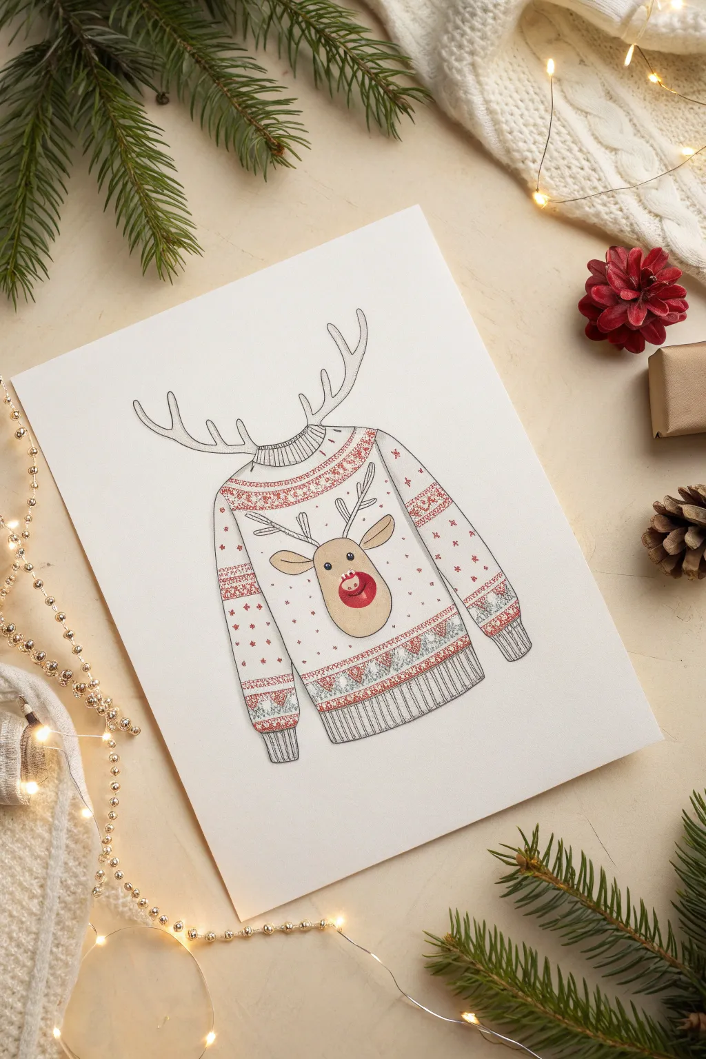 Classic reindeer center-panel sweater sketch with cozy ribbing and minimalist Nordic charm