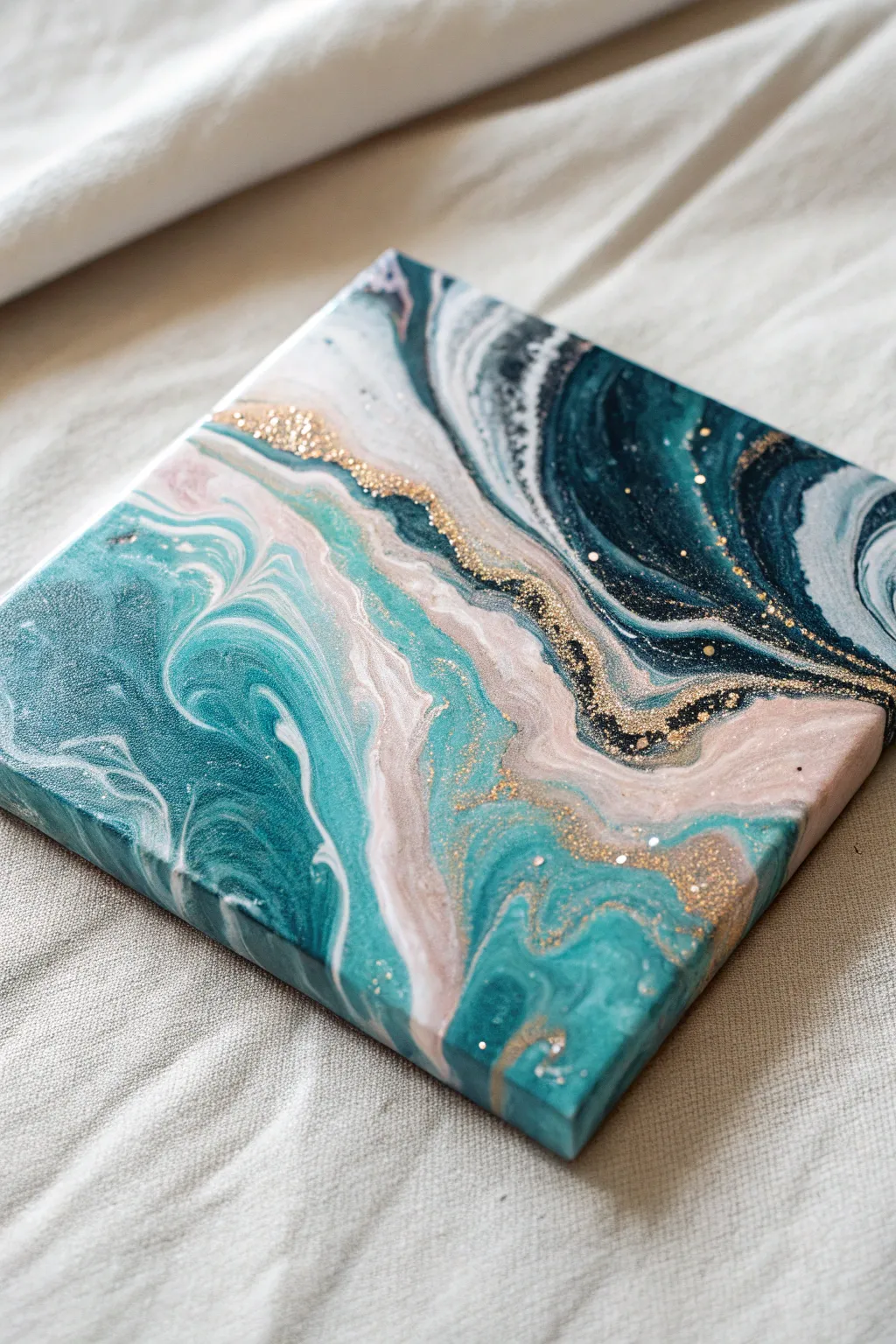 Acrylic pour geode canvas with sparkly metallic veins, minimalist styling and bold contrast