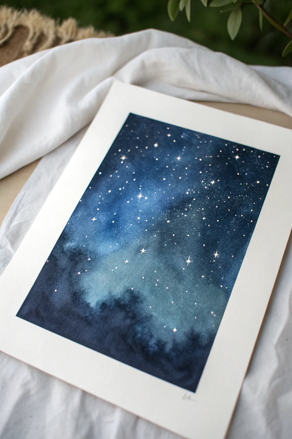 Classic starry gradient background in watercolor, from inky navy to black with splattered stars