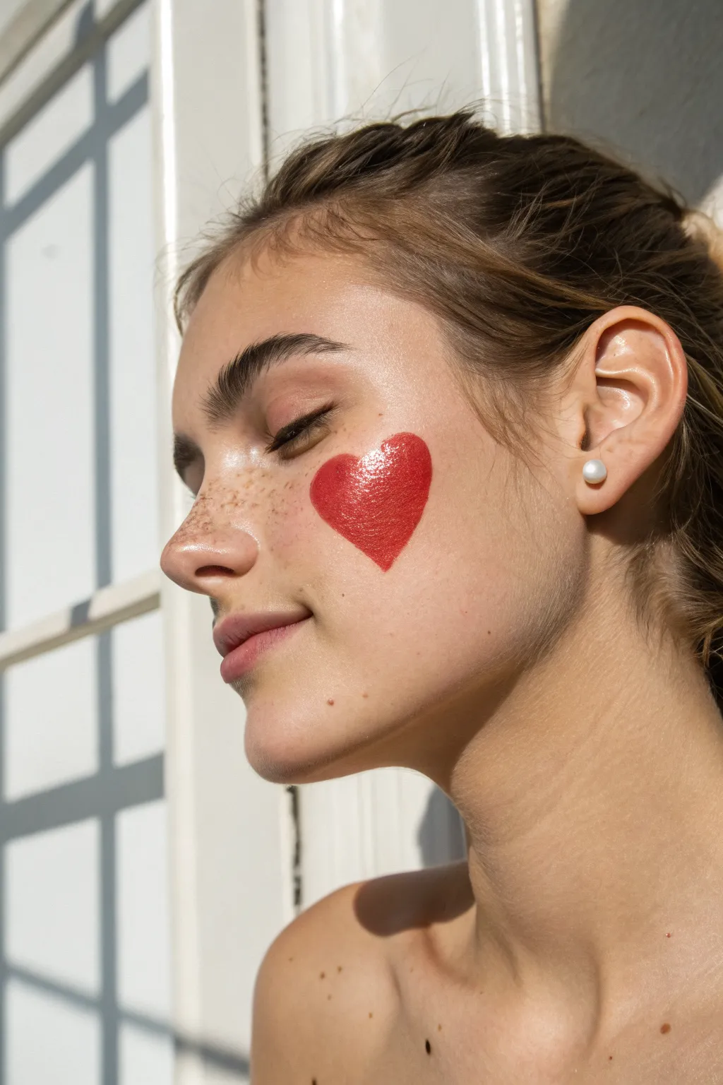 Classic cheek heart face paint: clean red edges with a tiny white highlight for glossy charm