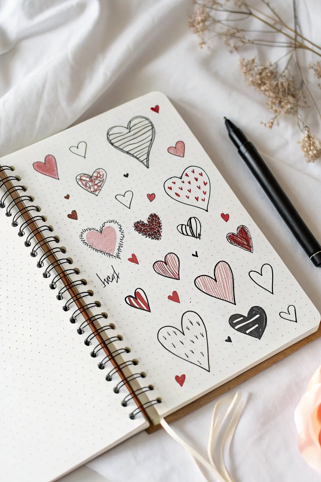 Classic heart doodles in pen with blush accents, minimal and cozy for Valentines sketches.