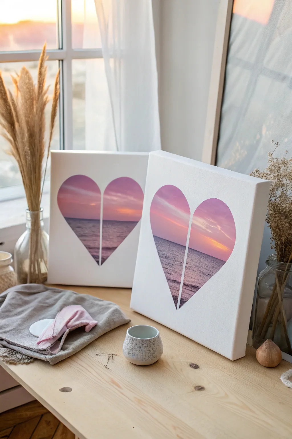 Split-canvas heart sunset: two canvases align to form one dreamy Valentine centerpiece