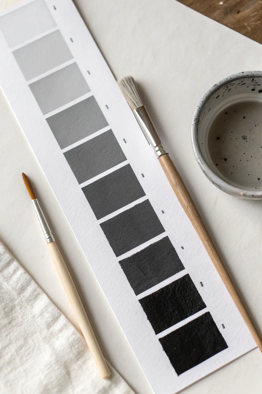 Paint a simple value scale strip to train your eye for light, midtones, and deep shadows