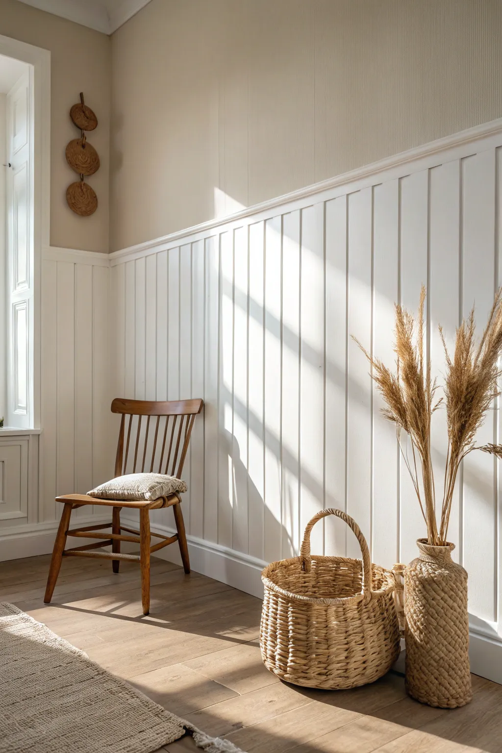 Elevate your walls with this timeless white board and batten design for a cozy, minimalist home look.