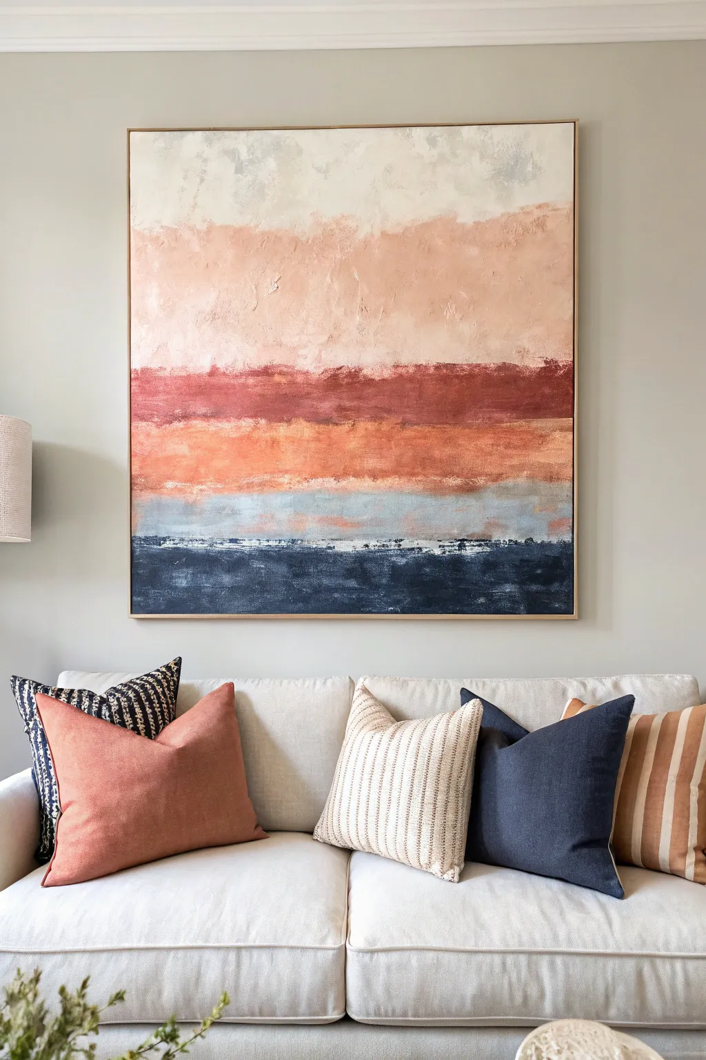 Big abstract acrylic canvas above a neutral sofa, bold brushstrokes for airy modern calm.