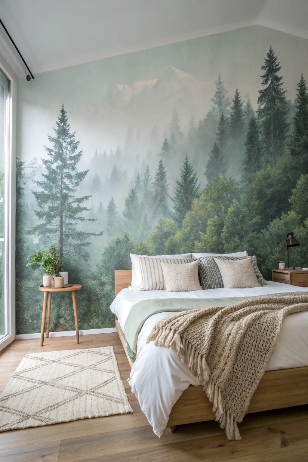 Bring the outdoors in with a dreamy misty forest mural. The perfect Scandi-Boho bedroom upgrade.