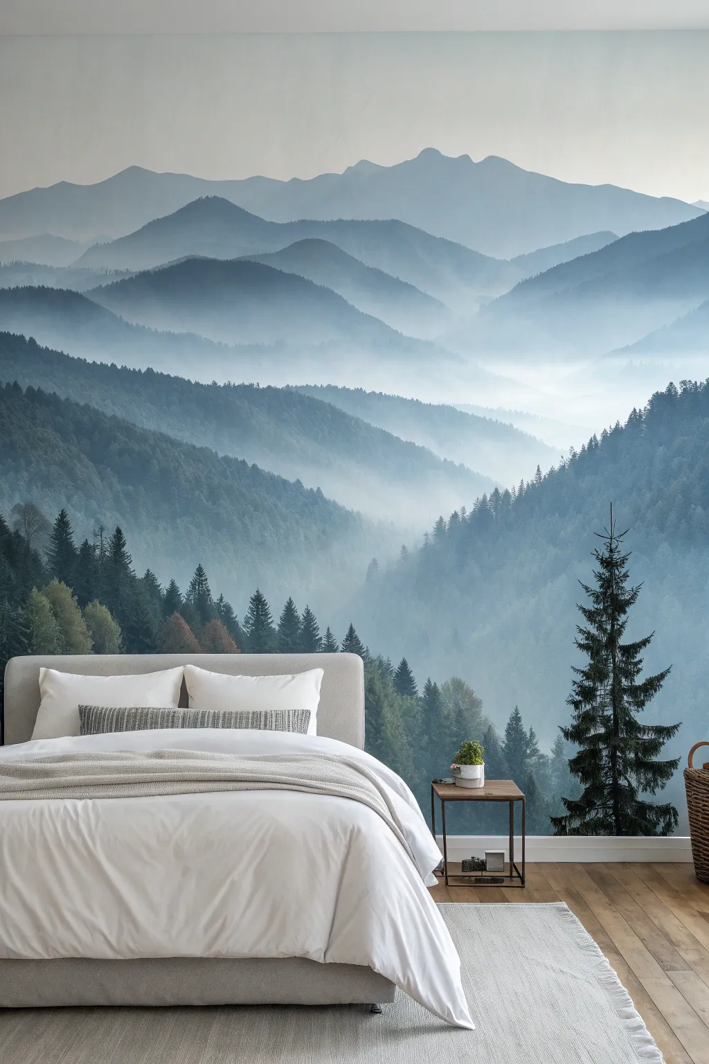 Misty mountain mural feature wall that brings calm Scandinavian minimalism with soft boho warmth