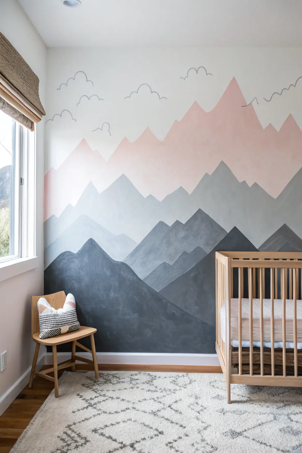 Create calm with this dreamy, layered mountain mural in soft gray and blush.