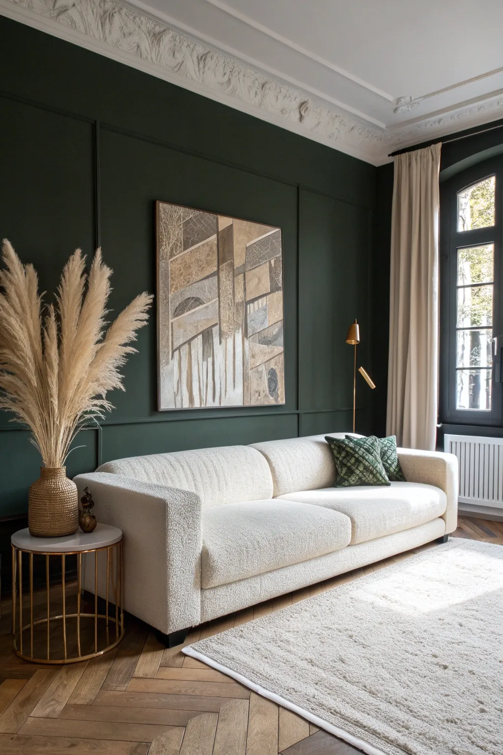 Anchor your living space with a moody accent wall in deep olive or charcoal for a cozy yet modern vibe.