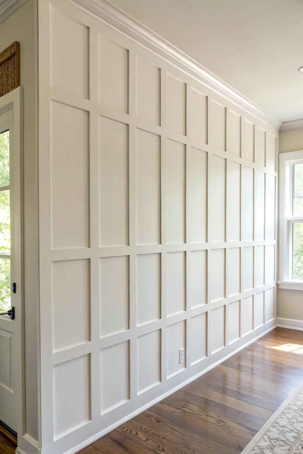 Monochrome board and batten grid wall, lit sideways to reveal crisp, classic shadow lines.
