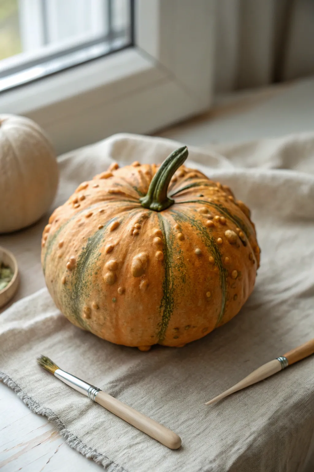Dry-brush highlights on warty pumpkin bumps for sculpted texture and natural, cozy contrast.