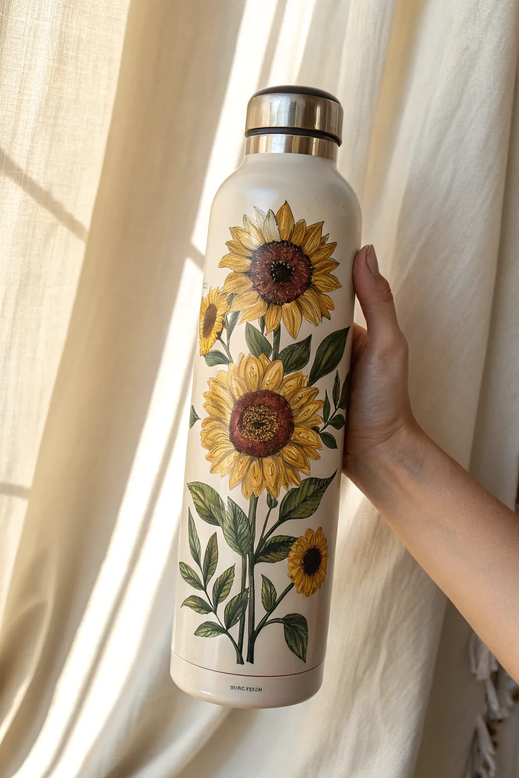 Pastel water bottle with a bold vertical sunflower cluster, crisp contrast in soft natural light.