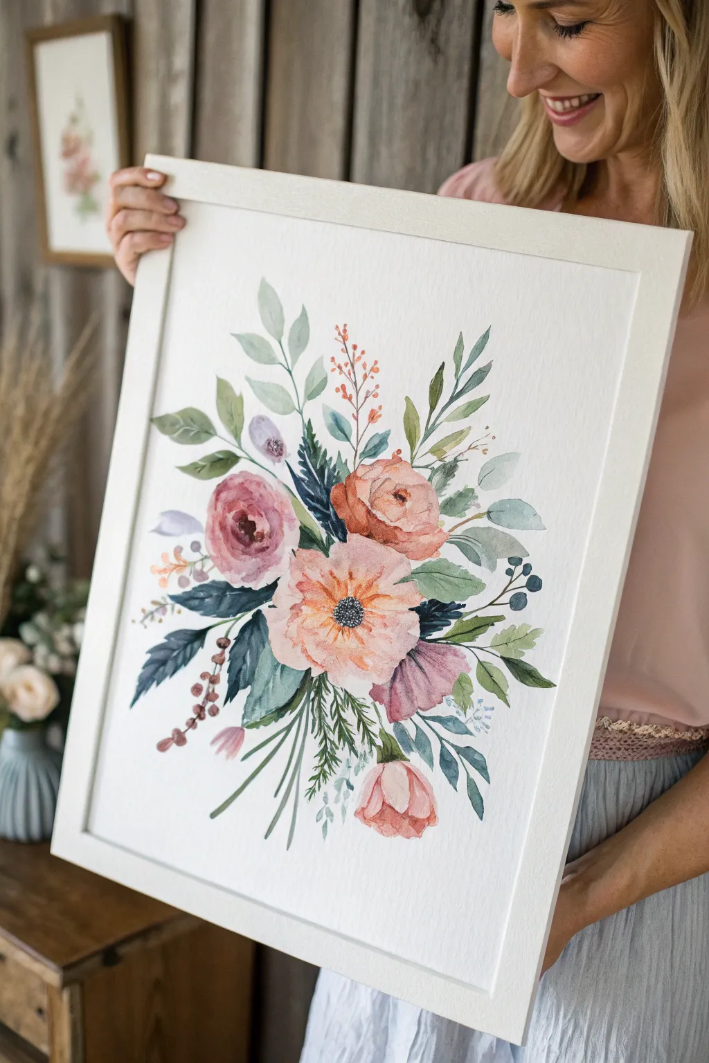 Loose wildflower bouquet in airy wet on wet watercolor, crisp accents on bright white paper