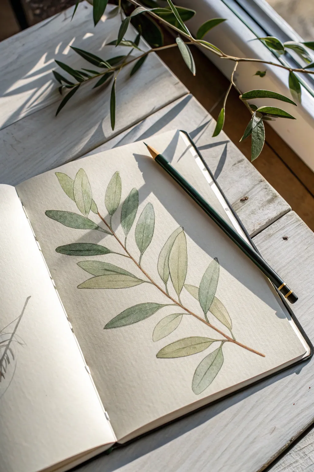 Simple botanical watercolor pencil study with soft wash and visible pencil texture, calm and minimal.