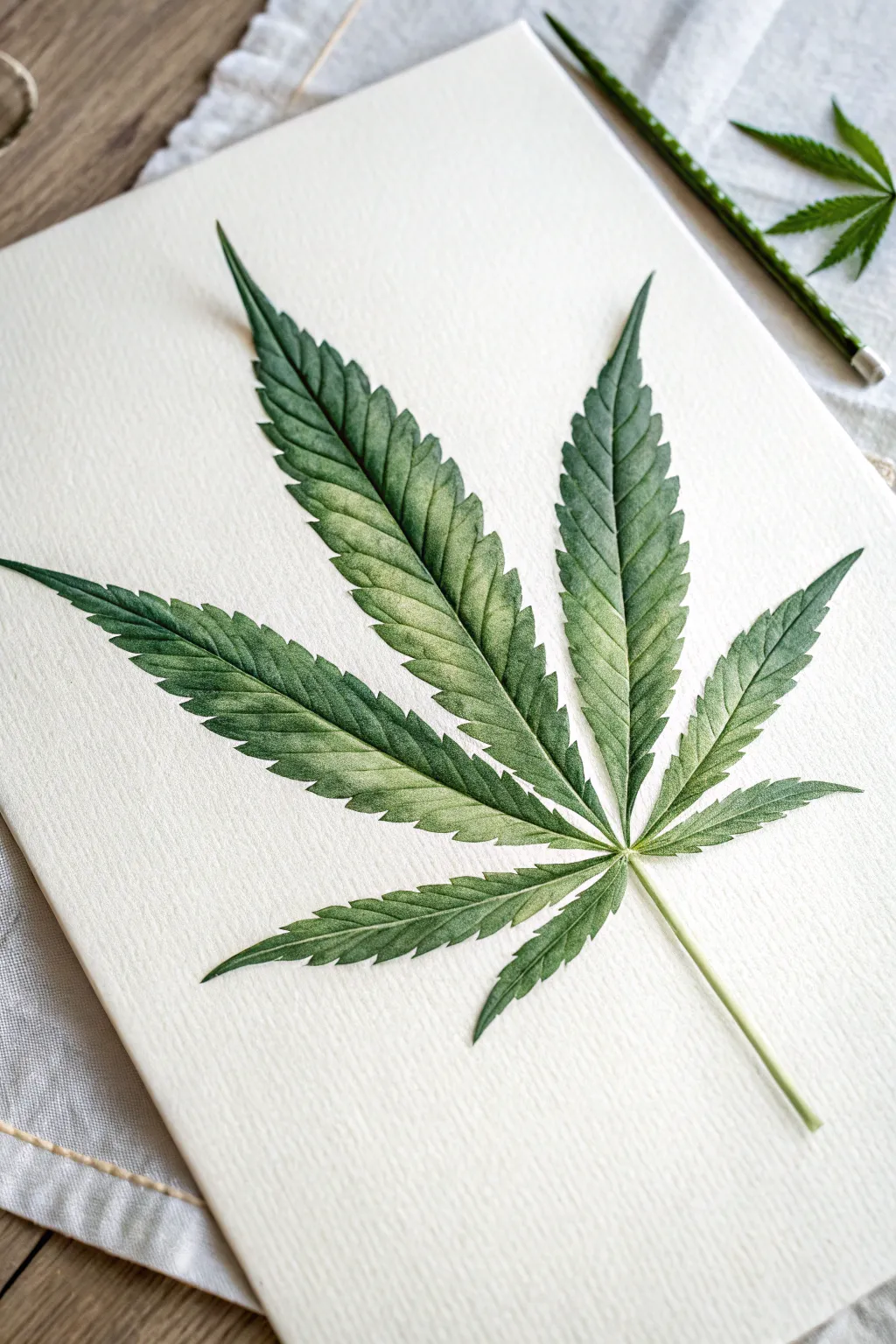 Soft green watercolor cannabis leaf study with clean white space and crisp botanical detail
