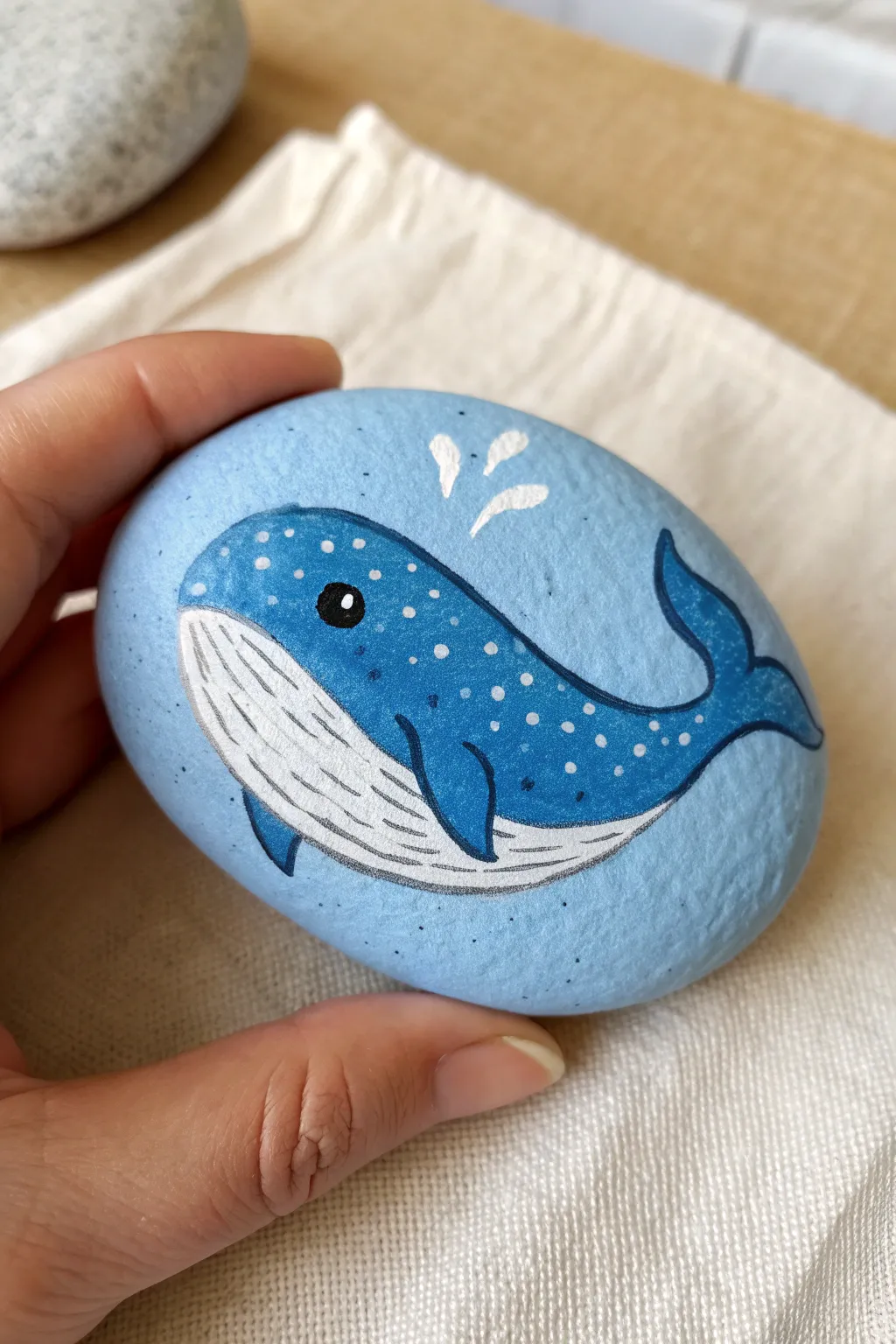 Classic blue whale rock painting: simple belly shading and speckles on a smooth river stone