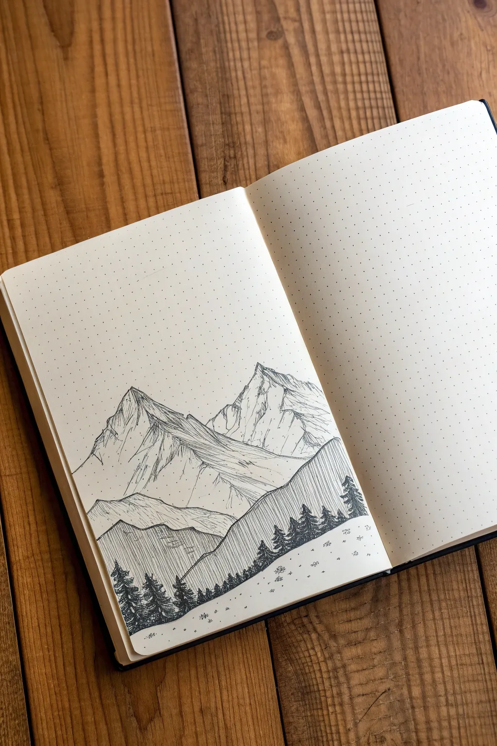 Minimal mountain line work with hatching shadows, calm white space, and crisp contrast.