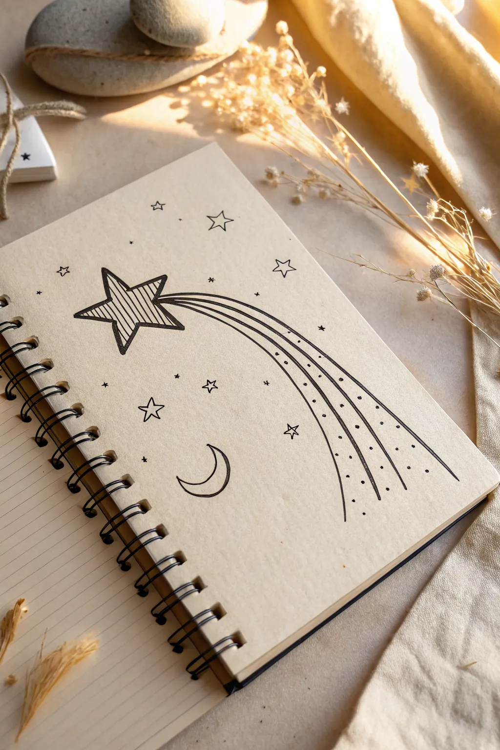 Sketch a shooting star with a curling wish trail of sparkles, hearts, dots, and tiny moons