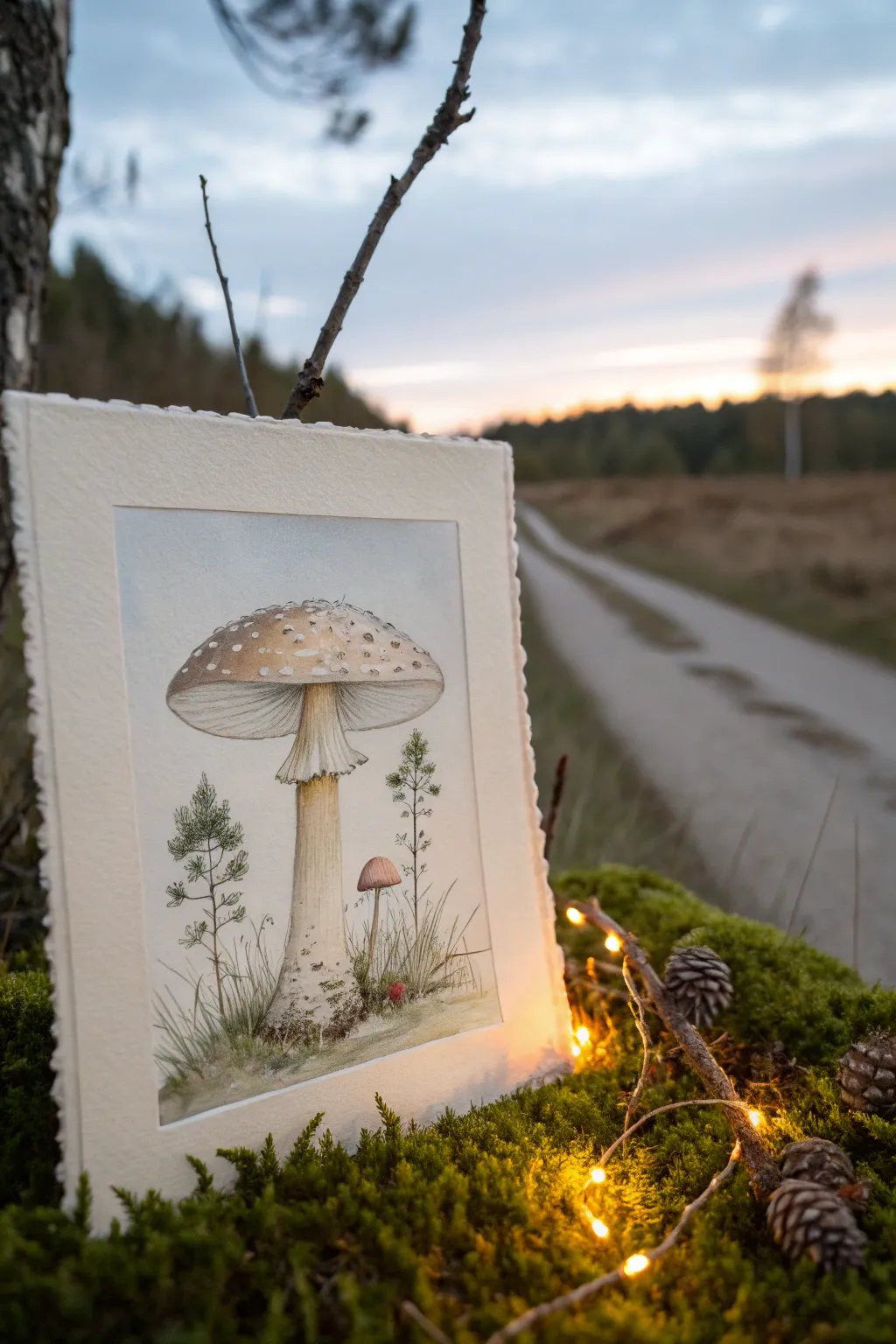 Oversized toadstool at dusk, minimalist fairytale forest vibes for your next whimsical painting