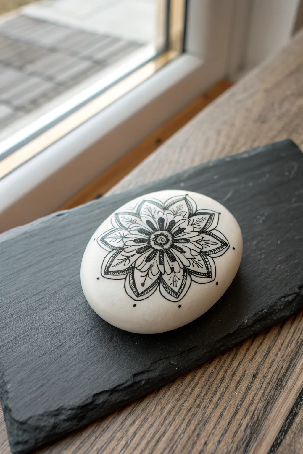 Black henna-style mandala on a white stone, minimal and bold against dark charcoal.
