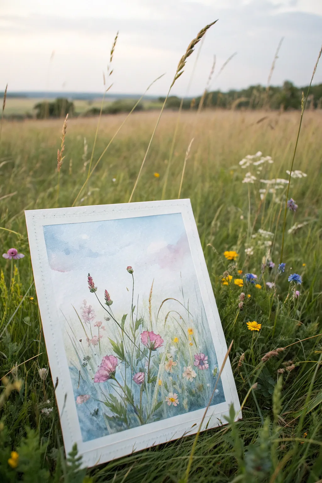 Loose watercolor wildflower meadow with airy sky wash and soft blooms fading into distance