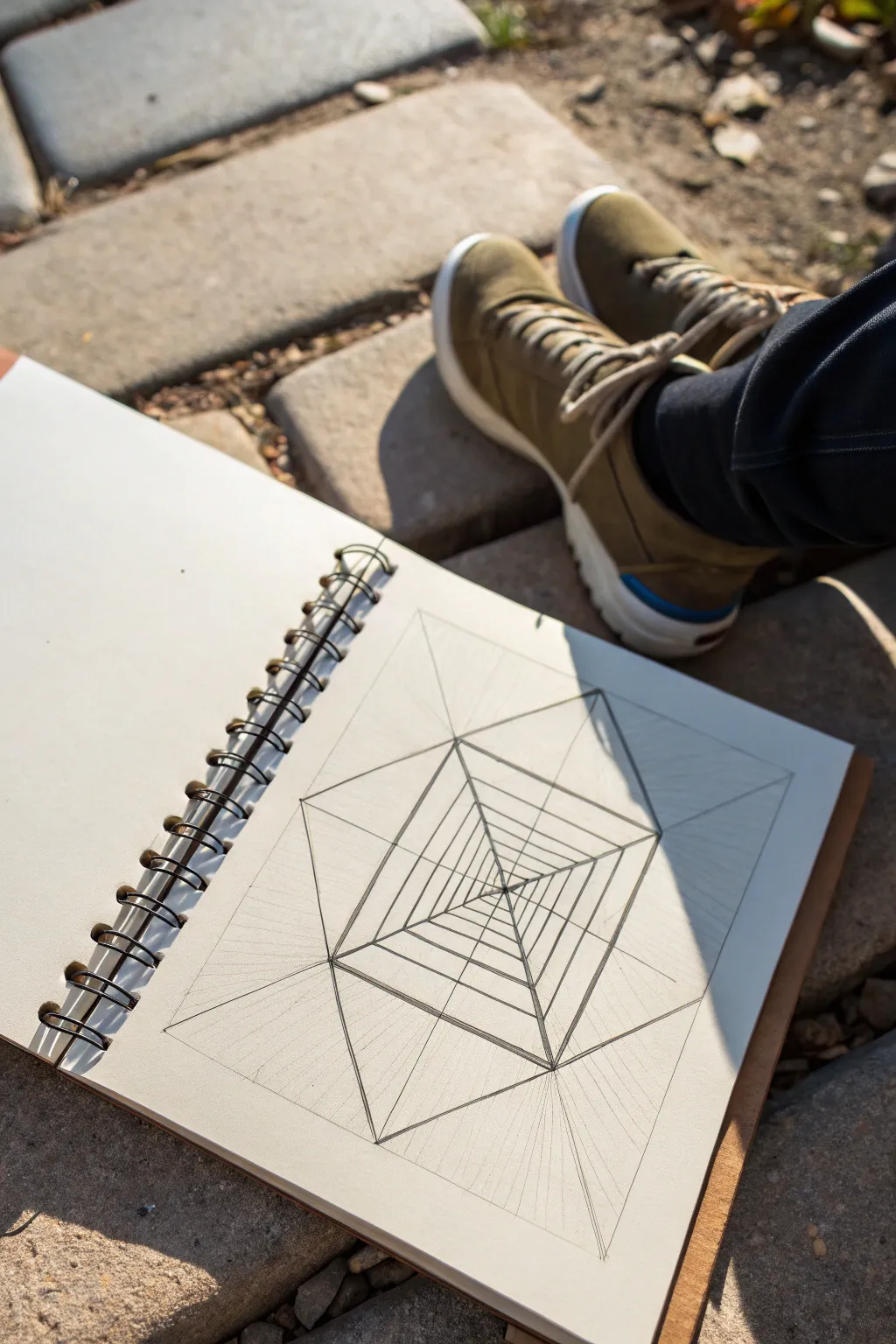 Floating cubes in one-point perspective, linked by a winding tube for clean depth and overlap practice