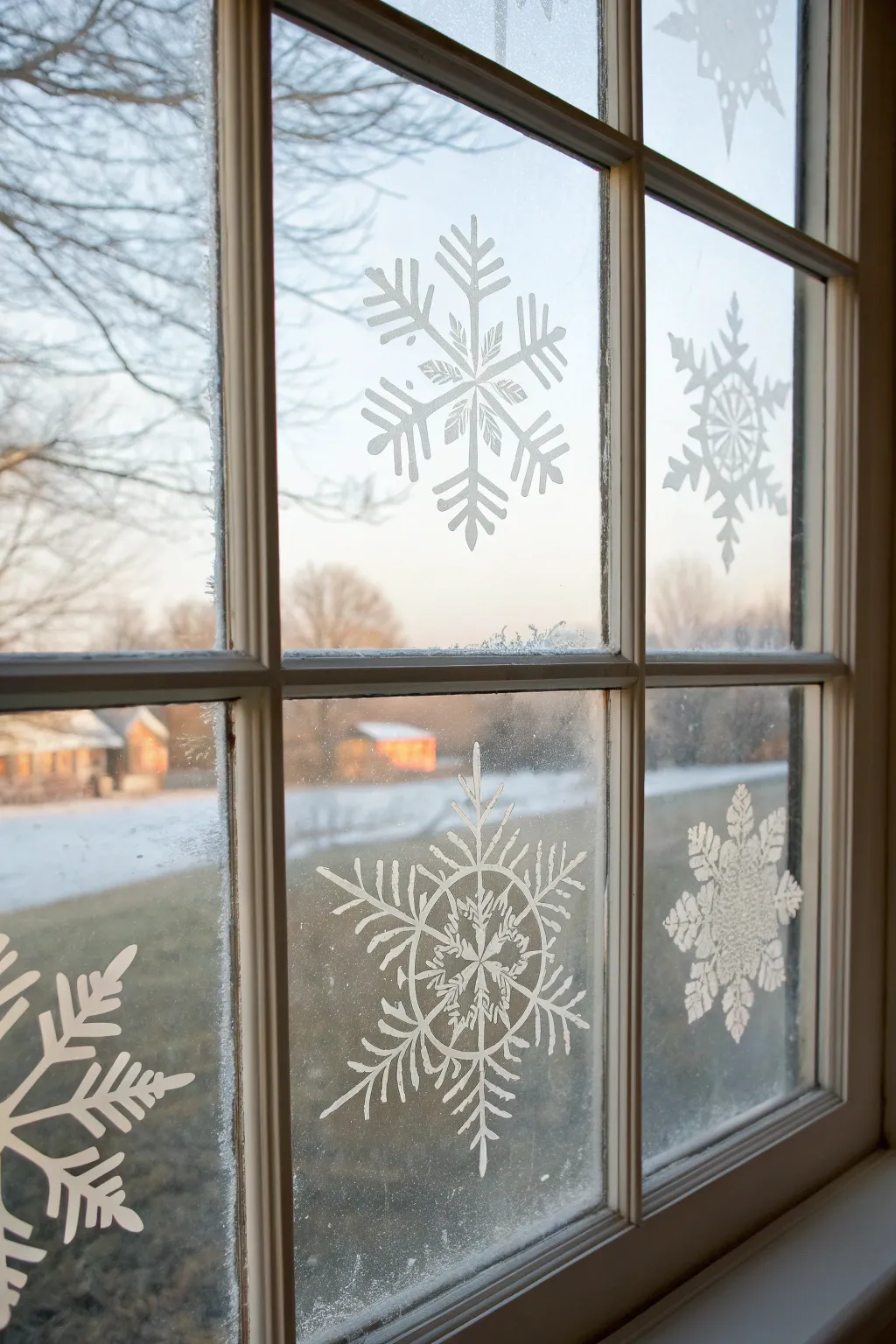 Snowflake frost doodles on glass with soft winter light for a cozy minimalist look