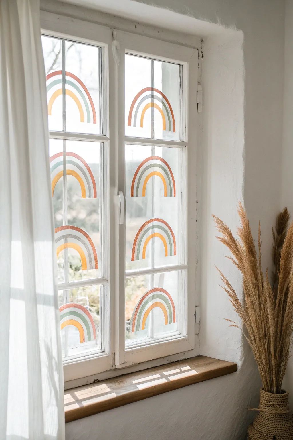 Mini translucent rainbow arches on window panes, glowing in sunlight for a soft boho look