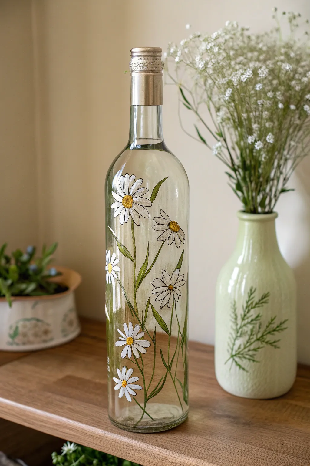 Simple wildflower wraparound daisies on a clear bottle, airy light and Scandinavian calm