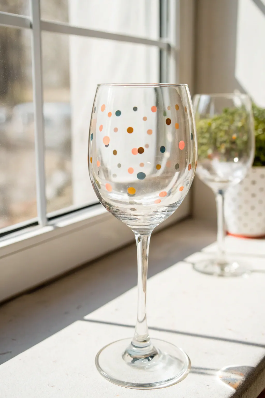 Confetti polka dots turn a simple wine glass into an instant party-ready centerpiece