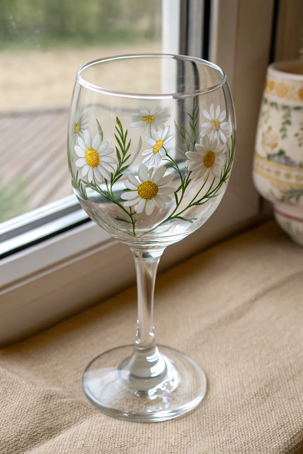 Classic white daisies encircle the bowl for a fresh, elegant wine glass painting idea.