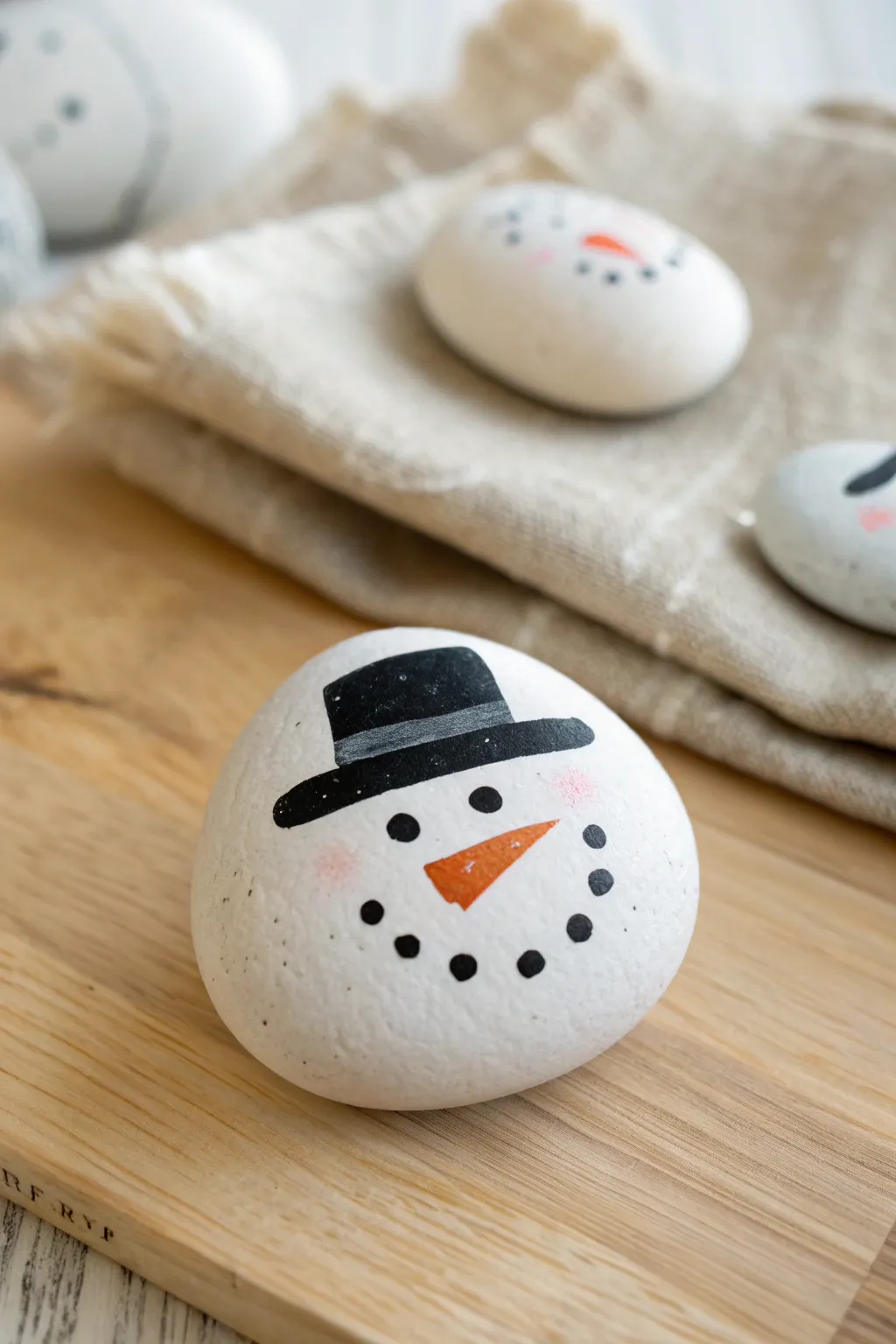 Classic snowman face rock painting with simple details in cozy Scandinavian winter styling
