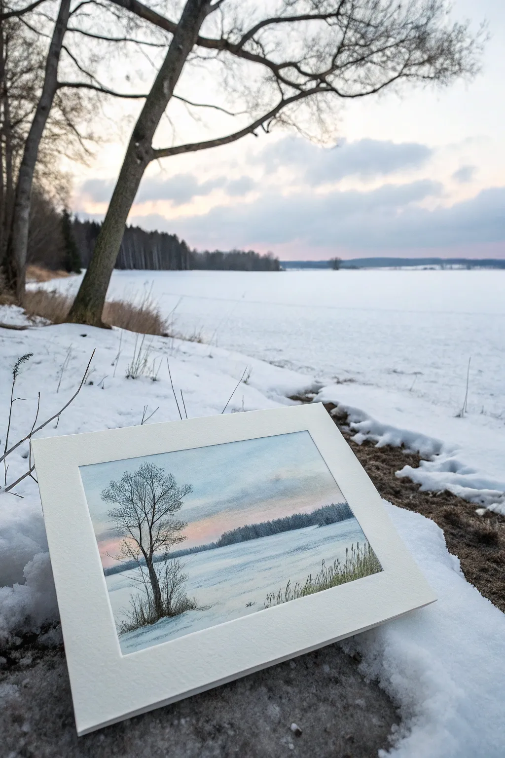 Simple snowy landscape wash with a pale wet-on-wet sky and clean white paper snow.