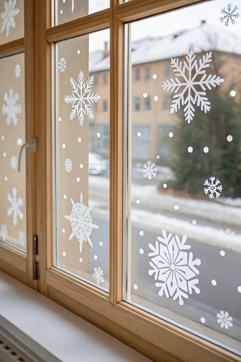 Crisp white snowflake scatter on a bright winter window, airy minimalist charm today.