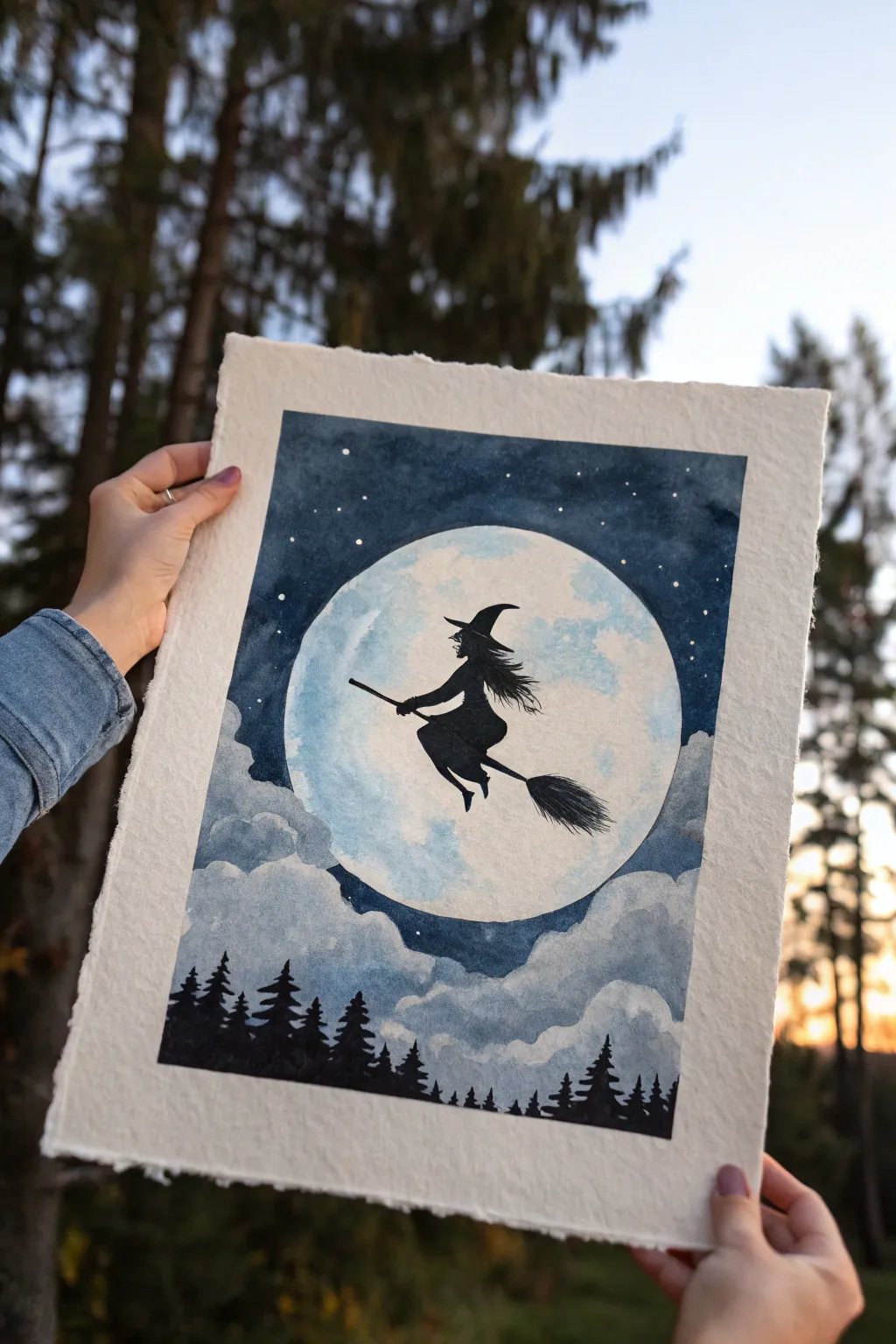 Moonlit witch silhouette on a glowing full moon, minimalist boho palette for an elegant painting idea