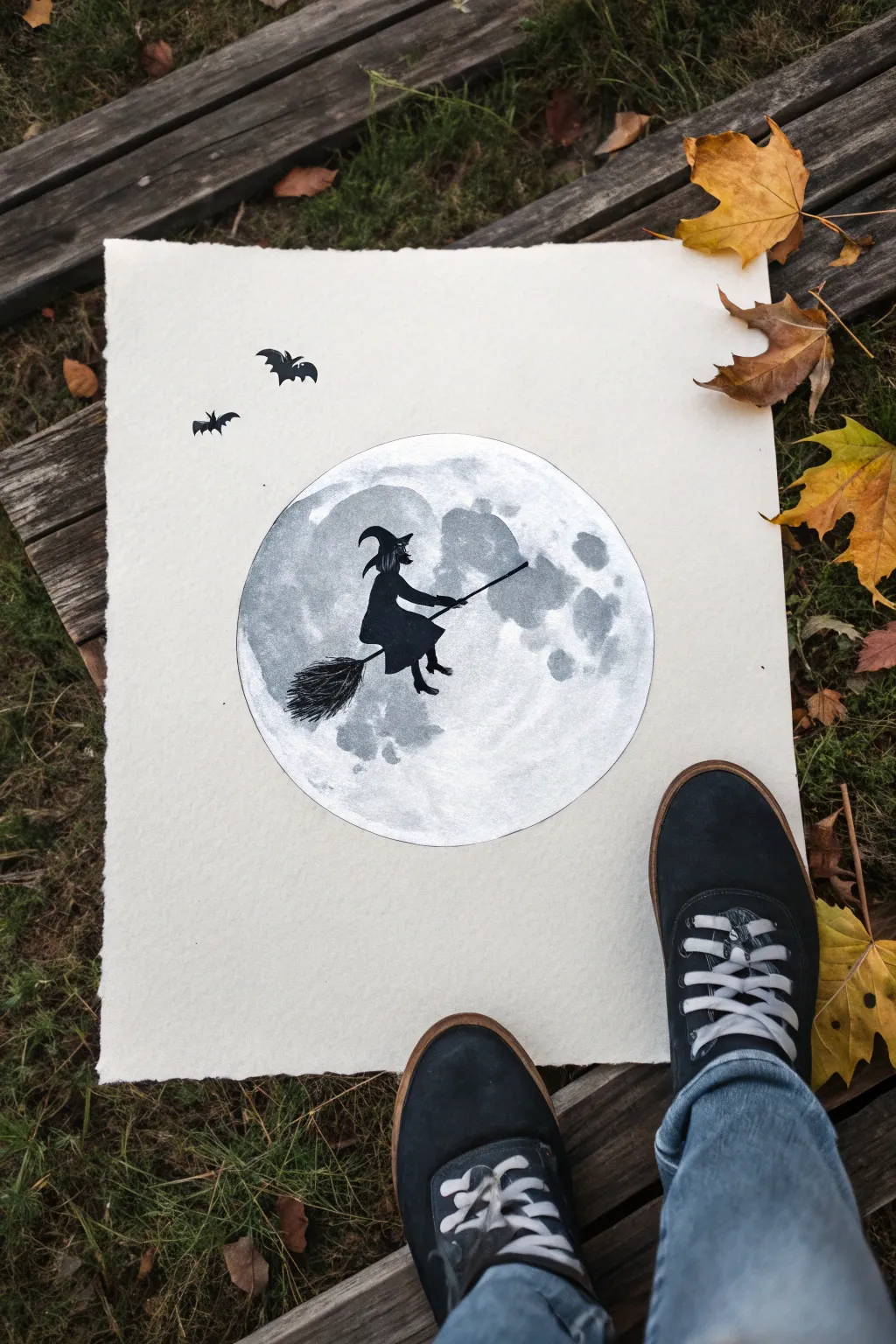Capture the magic with this minimalist moon and witch silhouette painting.