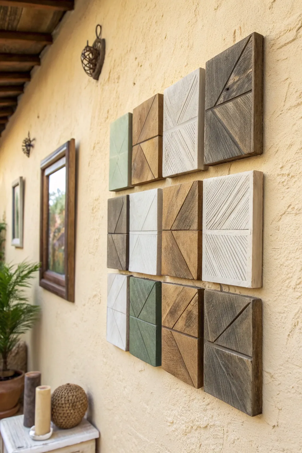 Classic 3x3 painted wood block grid that reads as one calm, modern artwork for your wall