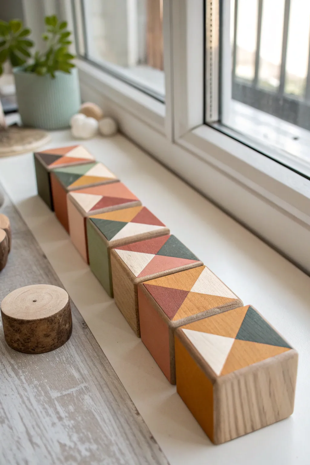 Geometric color-blocked wood blocks with crisp tape lines and warm Scandinavian boho tones.