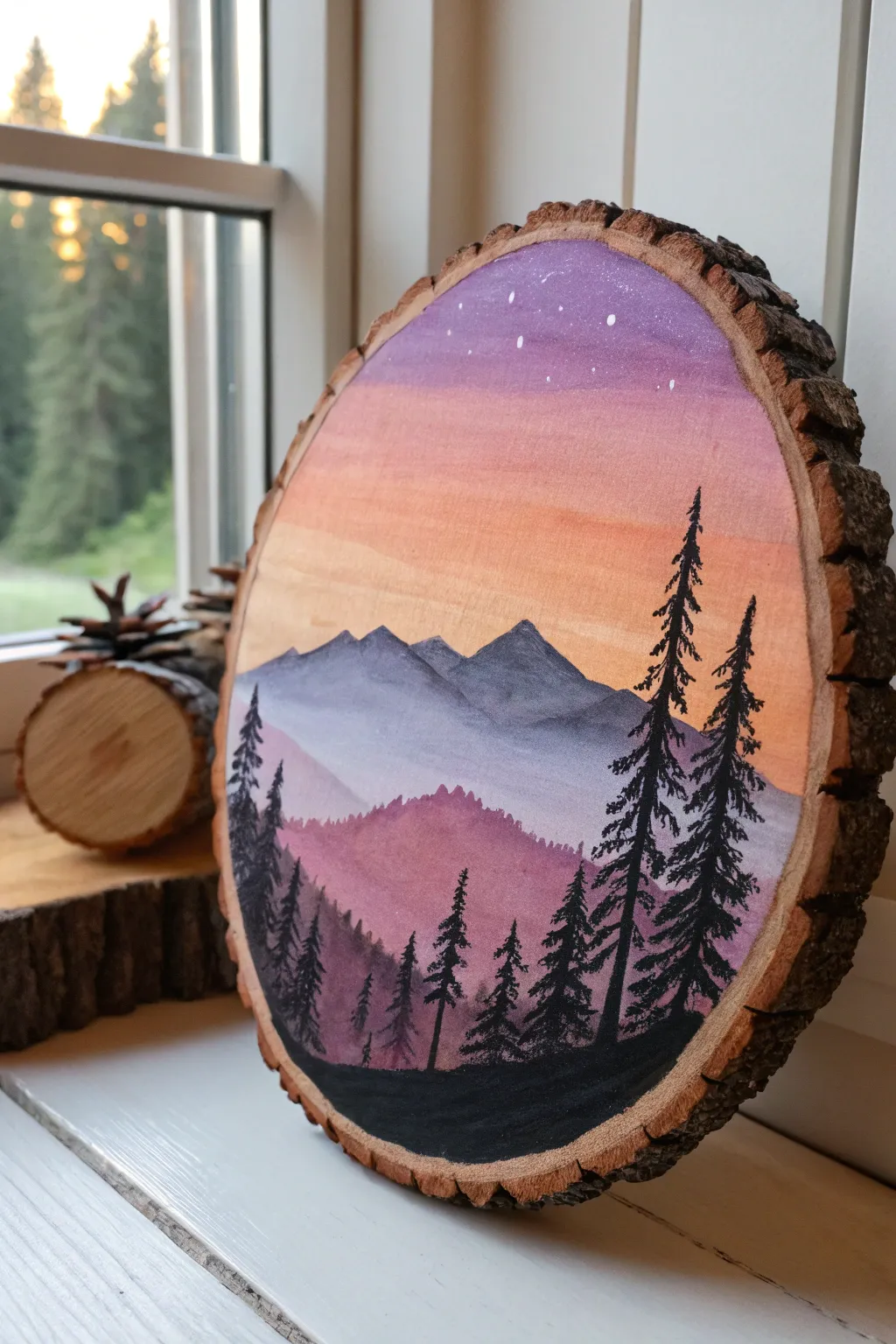 Sunset gradient on a wood circle with crisp mountain silhouettes, framed by natural bark.