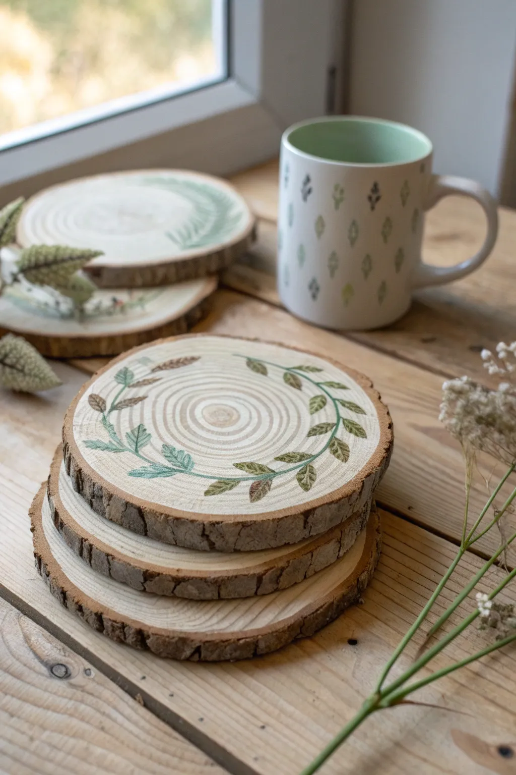 Minimal painted wood slice coasters for cozy Scandinavian tables, easy DIY craft inspiration.