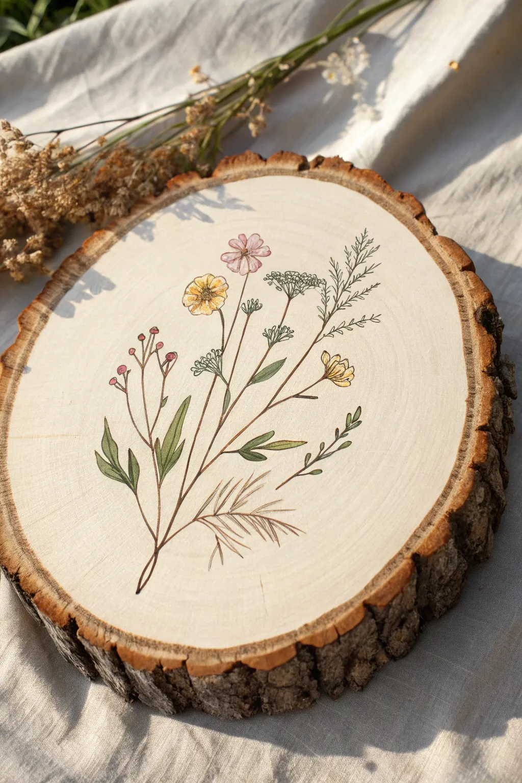 Minimal wildflower line drawing on a wood slice, soft boho accents, crisp contrast on linen