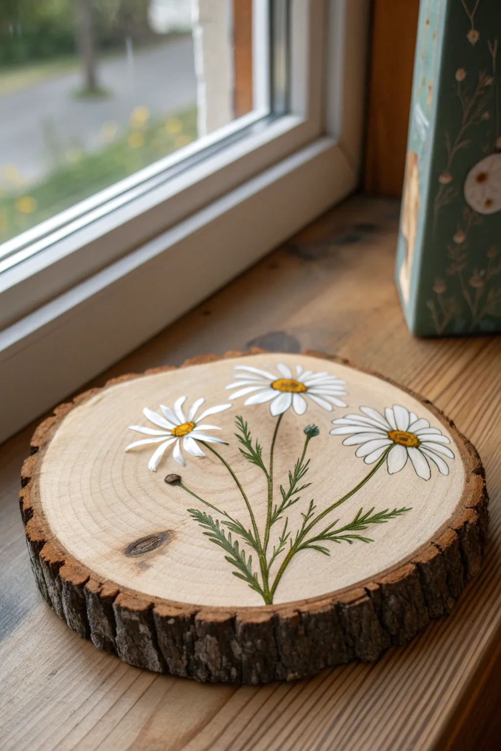 Rustic daisies on a natural wood slice, minimalist and warm with wood grain showing through.
