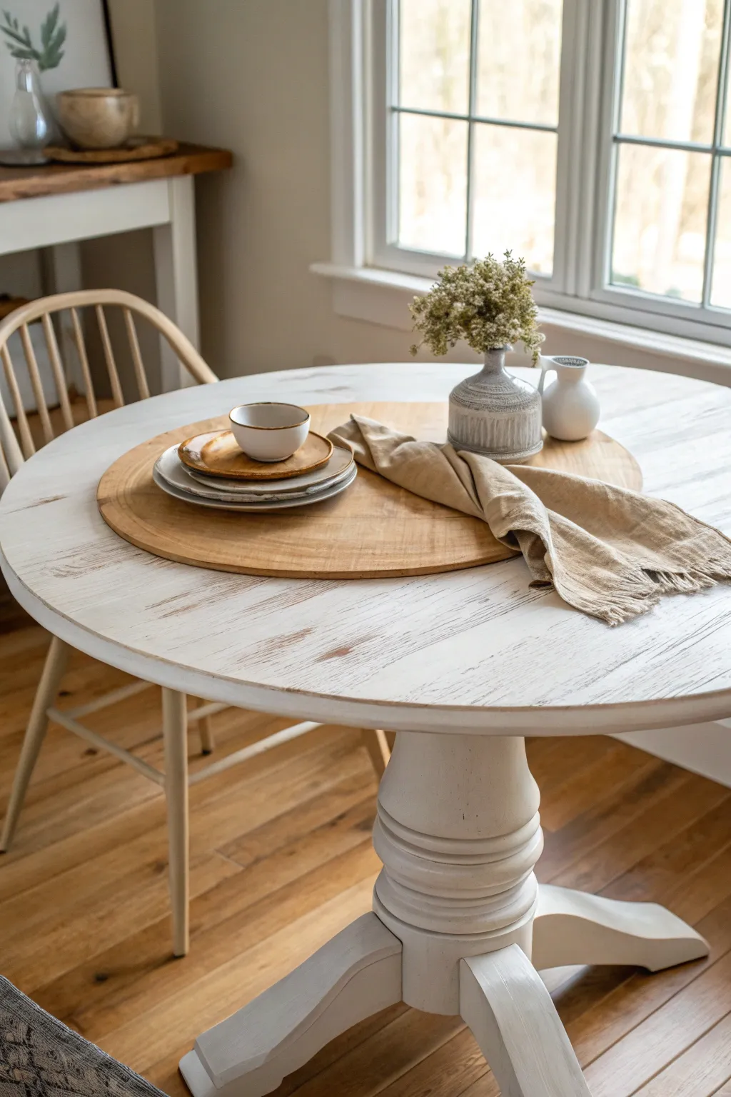 Creamy painted base meets a natural wood top for a timeless two tone table finish.
