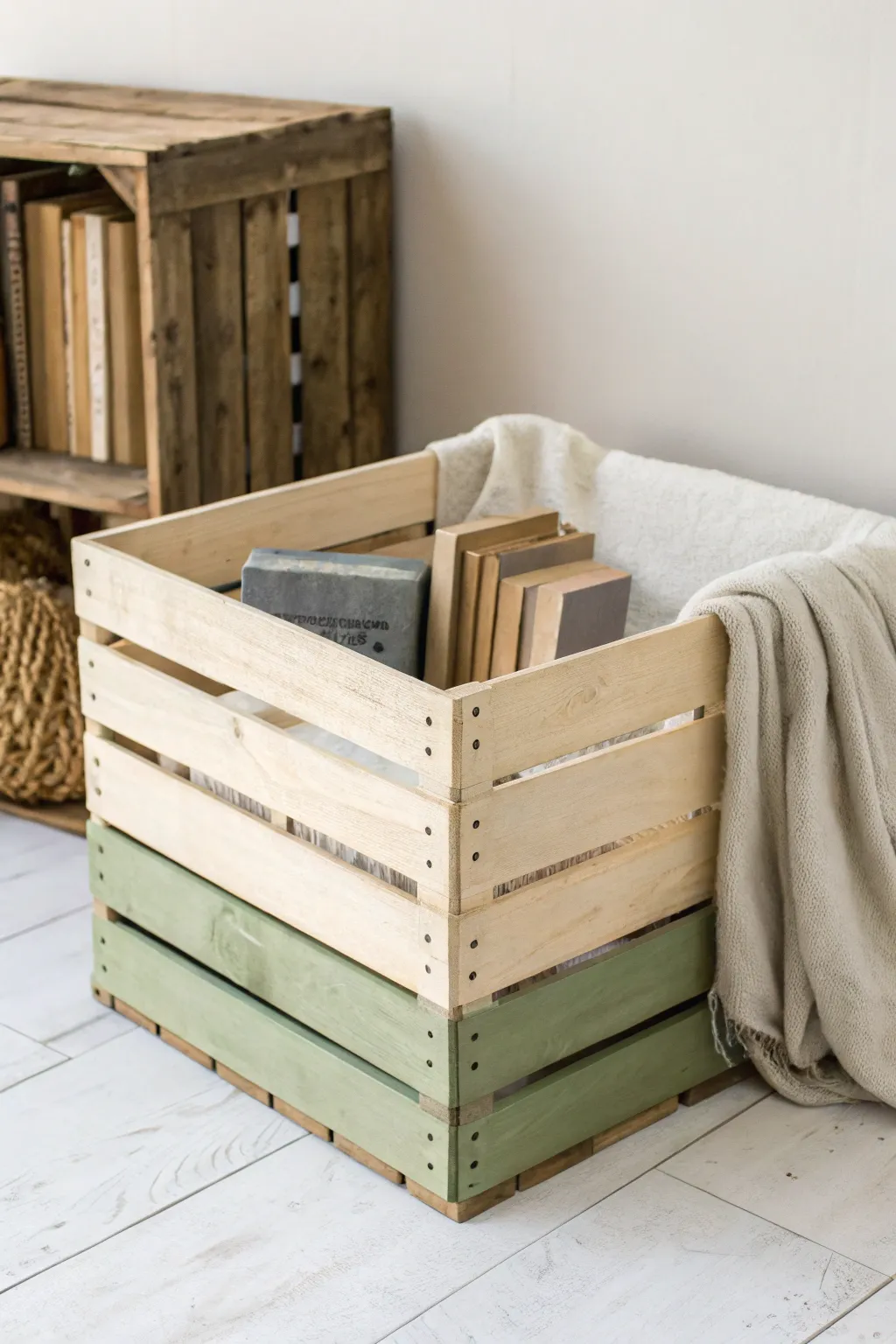 Classic crate makeover: raw wood vs solid color, styled with books and a cozy folded throw.