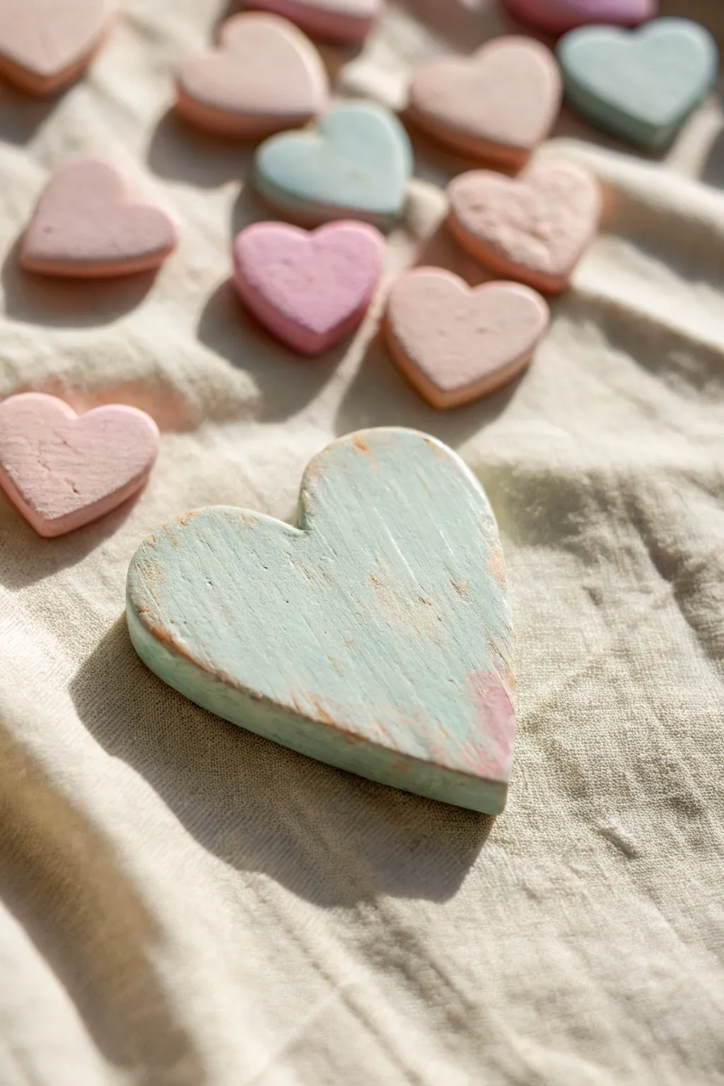 Pastel wooden heart candies, brushy edges and wood grain for a sweet minimalist DIY look