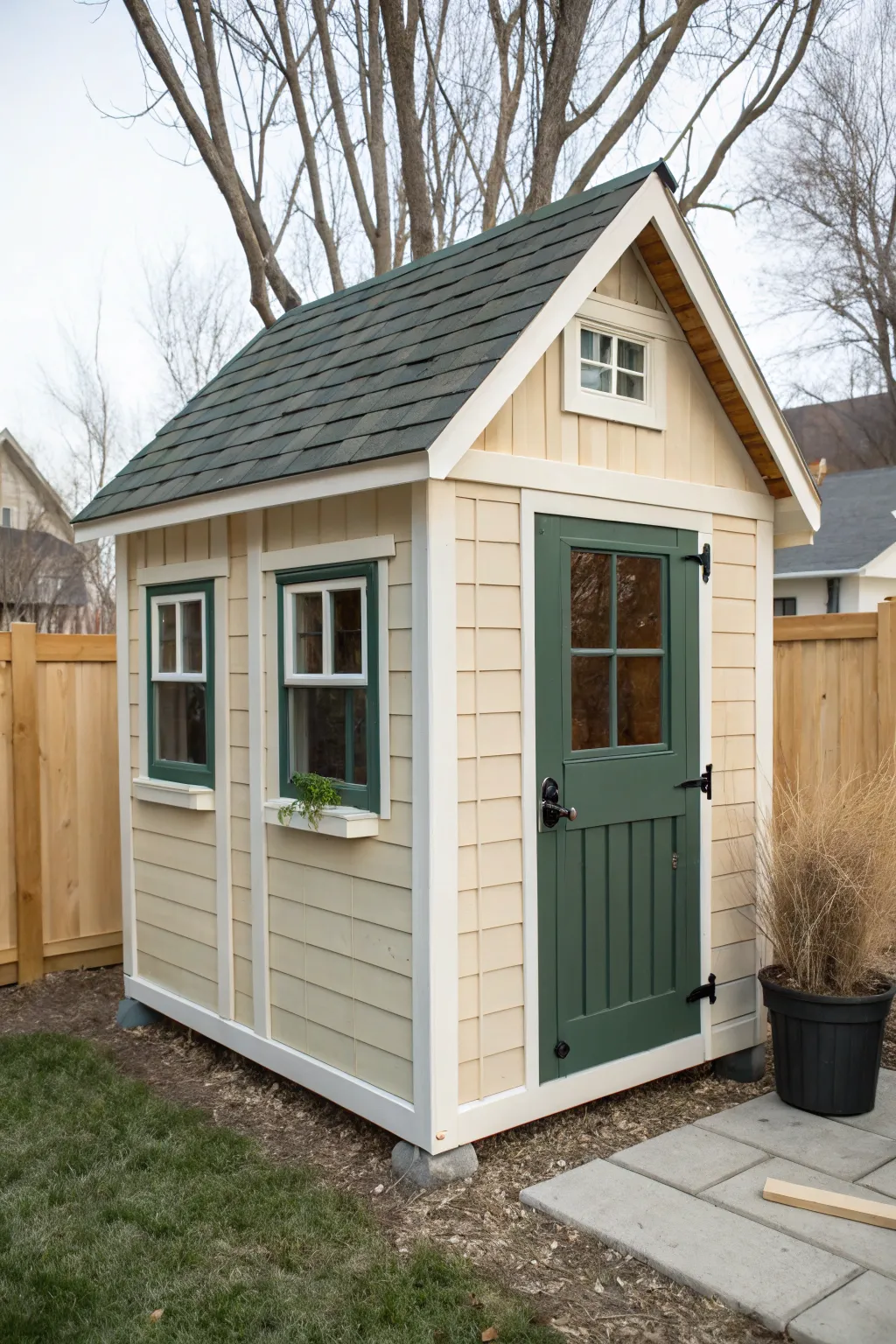 Two-tone playhouse paint: light siding with dark trim for crisp mini-house curb appeal