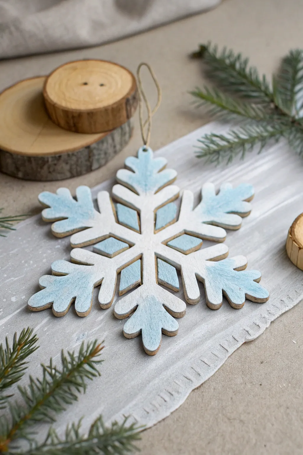 Classic white wooden snowflake with icy blue shading, clean Nordic backdrop and crisp contrast.